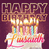 A colorful birthday cake topped with lit candles, with the words 'Happy Birthday Liùsaidh' in bold glowing letters on a burgundy background. Animated flames add a festive touch.