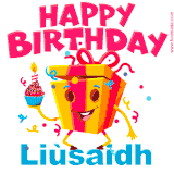 A vibrant and funny gift box character with a happy face dancing with a cupcake and the text 'Happy Birthday Liùsaidh,' surrounded by animated confetti and party vibes.
