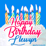 A cheerful animated GIF featuring colorful lit birthday candles on a white cake, with the text 'Happy Birthday Llewyn' in bold red and blue script on a bright blue background.