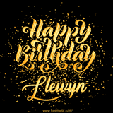 Animated GIF with colorful, festive 'Happy Birthday Llewyn' text decorated with patterns, a party hat, and falling confetti. A vibrant and cheerful design for birthday celebrations.
