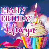 A festive animated GIF featuring a colorful cupcake with a single lit candle, sprinkles, and 'Happy Birthday Llewyn' text against a sparkling, celebratory background.