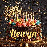 Cute chocolate cake GIF with the name Llewyn, decorated with glowing birthday candles and multicolored icing.
