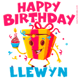 A funny animated birthday GIF with the words 'Happy Birthday Llewyna', colorful gift box with arms and legs, holding a cupcake with a lit candle  with confetti everywhere.