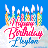 A cheerful animated GIF featuring colorful lit birthday candles on a white cake, with the text 'Happy Birthday Lleyton' in bold red and blue script on a bright blue background.