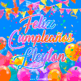 A vibrant animated GIF with 'Feliz Cumpleaños Lleyton' written in colorful script, surrounded by balloons, confetti, and bunting on a bright blue background.