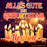 An animated GIF featuring 'Alles Gute Zum Geburtstag Lleyton' in glowing red and gold letters above a cake with colorful lit candles, set against a festive sparkling background.
