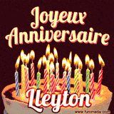 A Happy Birthday GIF in French featuring a festive birthday cake adorned with bright candles and the glowing text 'Joyeux Anniversaire Lleyton' in a cheerful style.