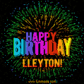 A colorful animated GIF featuring the text 'Happy Birthday Lleyton!' in rainbow colors with a dynamic iridescent firework display in the background.