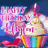 A festive animated GIF featuring a colorful cupcake with a single lit candle, sprinkles, and 'Happy Birthday Lleyton' text against a sparkling, celebratory background.