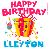 A funny animated birthday GIF with the words 'Happy Birthday Lleytona', colorful gift box with arms and legs, holding a cupcake with a lit candle  with confetti everywhere.