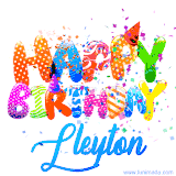Animated GIF with colorful, festive 'Happy Birthday Lleyton' text decorated with patterns, a party hat, and falling confetti. A vibrant and cheerful design for birthday celebrations.