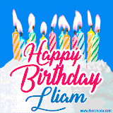 A cheerful animated GIF featuring colorful lit birthday candles on a white cake, with the text 'Happy Birthday Lliam' in bold red and blue script on a bright blue background.