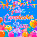 A vibrant animated GIF with 'Feliz Cumpleaños Lliam' written in colorful script, surrounded by balloons, confetti, and bunting on a bright blue background.