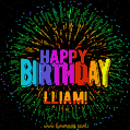 A colorful animated GIF featuring the text 'Happy Birthday Lliam!' in rainbow colors with a dynamic iridescent firework display in the background.