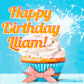 A cheerful animated GIF of a cupcake with creamy frosting, a red checkered ribbon, and a bright sparkler on top. The text 'Happy Birthday Lliam!' is displayed in vibrant orange and red.
