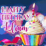 A festive animated GIF featuring a colorful cupcake with a single lit candle, sprinkles, and 'Happy Birthday Lliam' text against a sparkling, celebratory background.