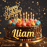 Personalised birthday animation with the name Lliam written on a chocolate drip cake with flickering candles.