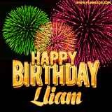 A captivating GIF with bursts of green, pink, and orange fireworks lighting up the night sky, accompanied by 'Happy Birthday Lliam' in glowing golden text.