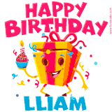 A funny animated birthday GIF with the words 'Happy Birthday Lliama', colorful gift box with arms and legs, holding a cupcake with a lit candle  with confetti everywhere.