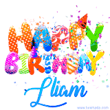 Animated GIF with colorful, festive 'Happy Birthday Lliam' text decorated with patterns, a party hat, and falling confetti. A vibrant and cheerful design for birthday celebrations.