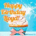 A cheerful animated GIF of a cupcake with creamy frosting, a red checkered ribbon, and a bright sparkler on top. The text 'Happy Birthday Lloyd!' is displayed in vibrant orange and red.