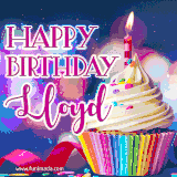 A festive animated GIF featuring a colorful cupcake with a single lit candle, sprinkles, and 'Happy Birthday Lloyd' text against a sparkling, celebratory background.