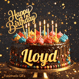 Bright colorful icing and burning candles on a chocolate frosted cake on a gold platter, custom-made for Lloyd.