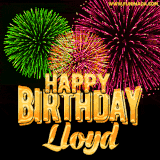 A captivating GIF with bursts of green, pink, and orange fireworks lighting up the night sky, accompanied by 'Happy Birthday Lloyd' in glowing golden text.