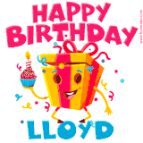 A funny animated birthday GIF with the words 'Happy Birthday Lloyda', colorful gift box with arms and legs, holding a cupcake with a lit candle  with confetti everywhere.