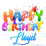 Animated GIF with colorful, festive 'Happy Birthday Lloyd' text decorated with patterns, a party hat, and falling confetti. A vibrant and cheerful design for birthday celebrations.