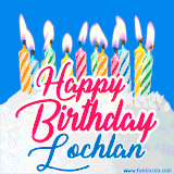 A cheerful animated GIF featuring colorful lit birthday candles on a white cake, with the text 'Happy Birthday Lochlan' in bold red and blue script on a bright blue background.