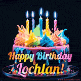 A vibrant animated GIF featuring a colorful rotating birthday cake with bright frosting swirls, glowing candles, and the text 'Happy Birthday Lochlan!' in rainbow colors.