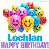 An animated birthday-themed name GIF with colorful smiling balloons and bold 'Lochlan, Happy Birthday!' text for a celebratory touch.