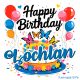 A personalized birthday graphic with balloons, flying butterflies, and a decorated cake on a blue plate for Lochlan.
