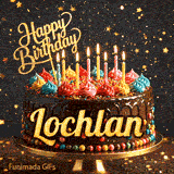 A chocolate drip birthday cake on a stand with colorful frosting and lit candles, featuring the name Lochlan in glowing yellow letters.