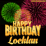 A captivating GIF with bursts of green, pink, and orange fireworks lighting up the night sky, accompanied by 'Happy Birthday Lochlan' in glowing golden text.