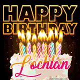 A vibrant animated GIF featuring a delicious birthday cake topped with glowing candles and the name 'Lochlan' in elegant script, and the words 'Happy Birthday' on the black background.