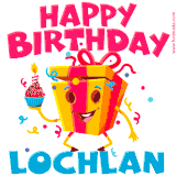 A funny animated birthday GIF with the words 'Happy Birthday Lochlana', colorful gift box with arms and legs, holding a cupcake with a lit candle  with confetti everywhere.