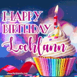 A festive animated GIF featuring a colorful cupcake with a single lit candle, sprinkles, and 'Happy Birthday Lochlann' text against a sparkling, celebratory background.