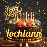 A festive birthday ecard for Lochlann displaying a rich chocolate cake, colorful sprinkles, and a gold star background.