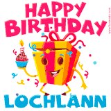 A funny animated birthday GIF with the words 'Happy Birthday Lochlanna', colorful gift box with arms and legs, holding a cupcake with a lit candle  with confetti everywhere.