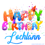 Animated GIF with colorful, festive 'Happy Birthday Lochlann' text decorated with patterns, a party hat, and falling confetti. A vibrant and cheerful design for birthday celebrations.