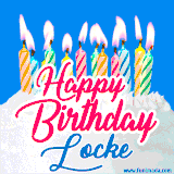 A cheerful animated GIF featuring colorful lit birthday candles on a white cake, with the text 'Happy Birthday Locke' in bold red and blue script on a bright blue background.