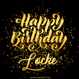 Animated GIF with colorful, festive 'Happy Birthday Locke' text decorated with patterns, a party hat, and falling confetti. A vibrant and cheerful design for birthday celebrations.