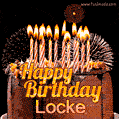 A rich chocolate cake topped with glowing birthday candles and surrounded by bright fireworks. The animated GIF displays the message 'Happy Birthday Locke' in golden text.