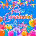 A vibrant animated GIF with 'Feliz Cumpleaños Locke' written in colorful script, surrounded by balloons, confetti, and bunting on a bright blue background.