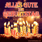 An animated GIF featuring 'Alles Gute Zum Geburtstag Locke' in glowing red and gold letters above a cake with colorful lit candles, set against a festive sparkling background.