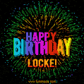 A colorful animated GIF featuring the text 'Happy Birthday Locke!' in rainbow colors with a dynamic iridescent firework display in the background.