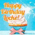 A cheerful animated GIF of a cupcake with creamy frosting, a red checkered ribbon, and a bright sparkler on top. The text 'Happy Birthday Locke!' is displayed in vibrant orange and red.