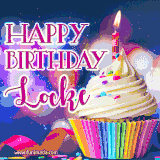 A festive animated GIF featuring a colorful cupcake with a single lit candle, sprinkles, and 'Happy Birthday Locke' text against a sparkling, celebratory background.